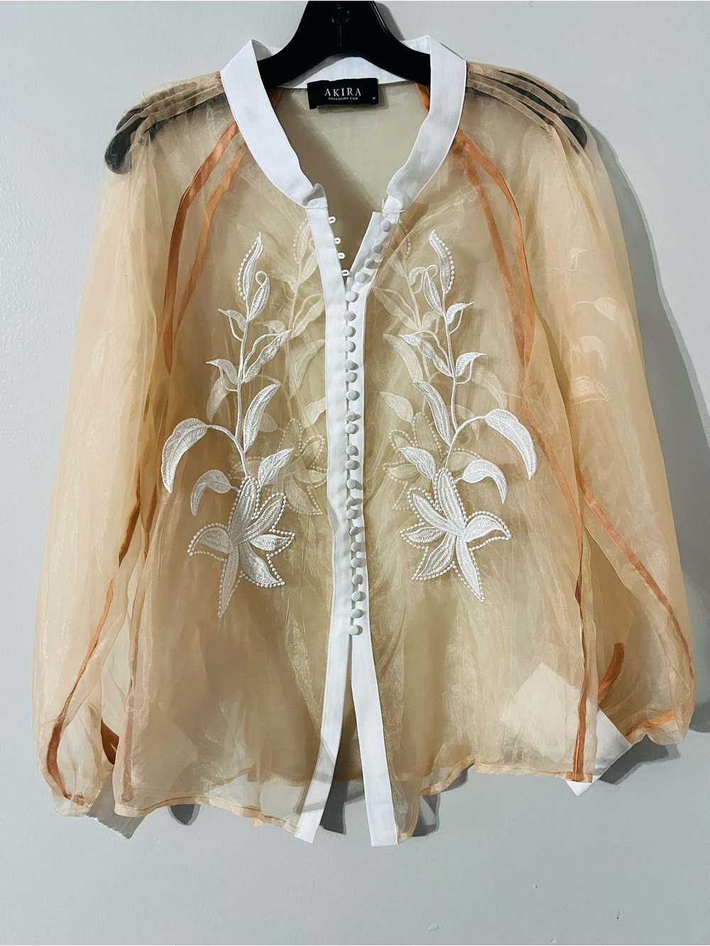 ✨ AKIRA Sheer Apricot Embroidered Statement Blouse ✨Sz M